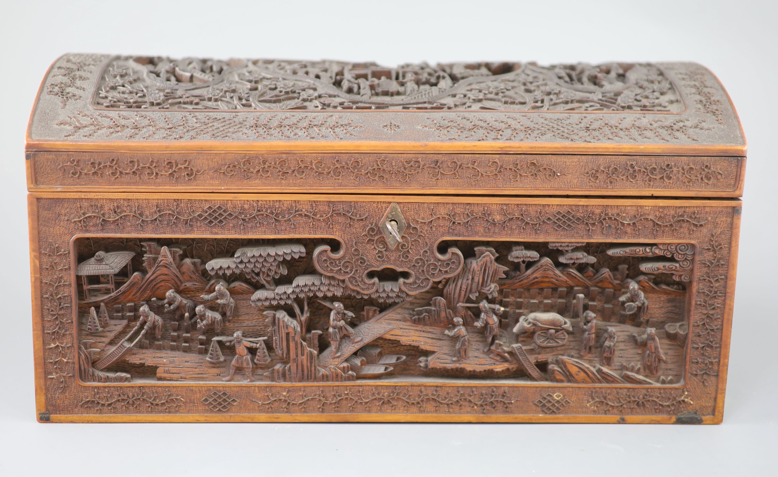 A large Chinese carved sandalwood box, 19th century, 40.5cm wide, Provenance - A. T. Arber-Cooke